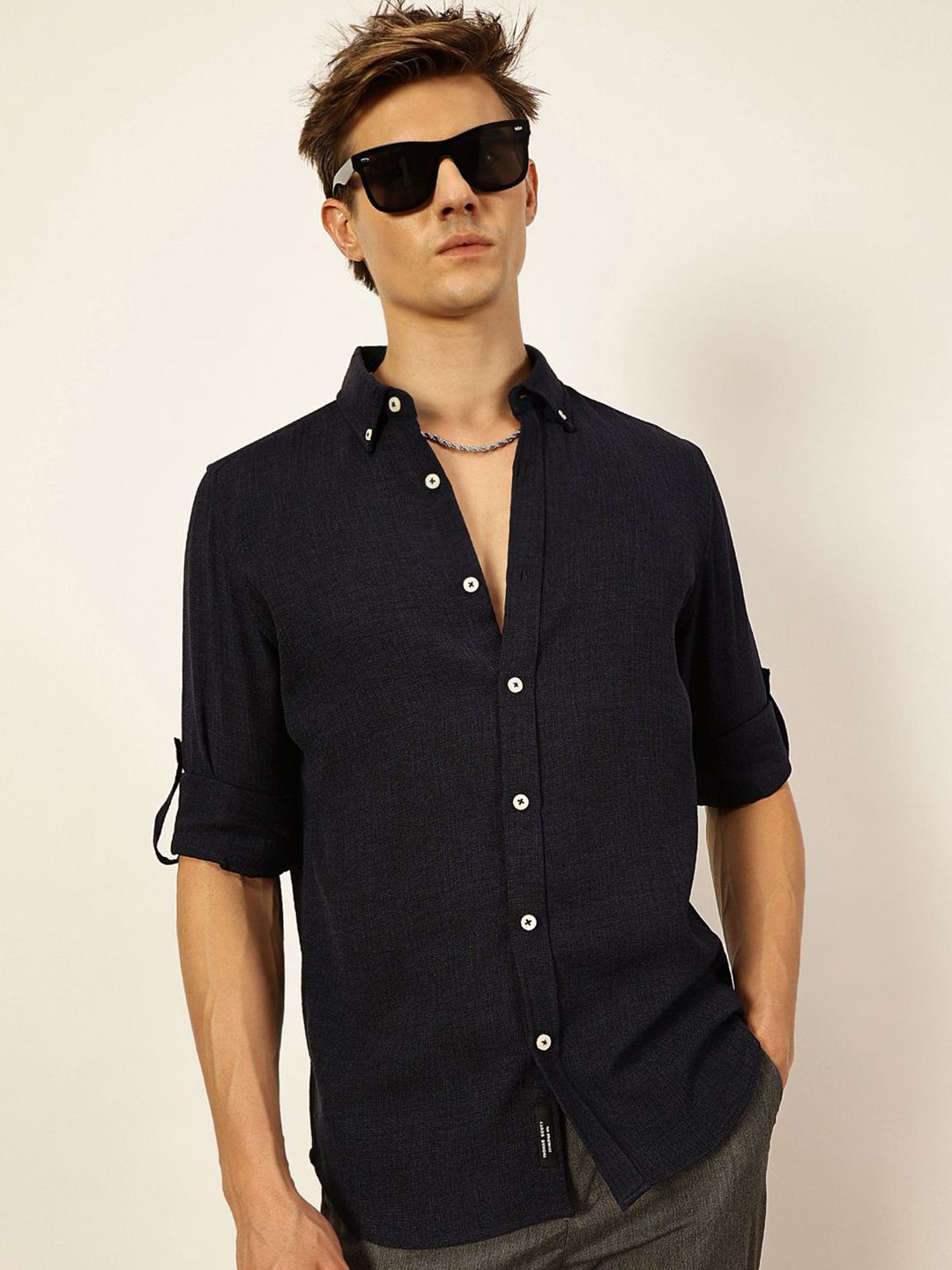 Thomas Scott Men Premium Button-Down Collar Solid Linen Casual Shirt