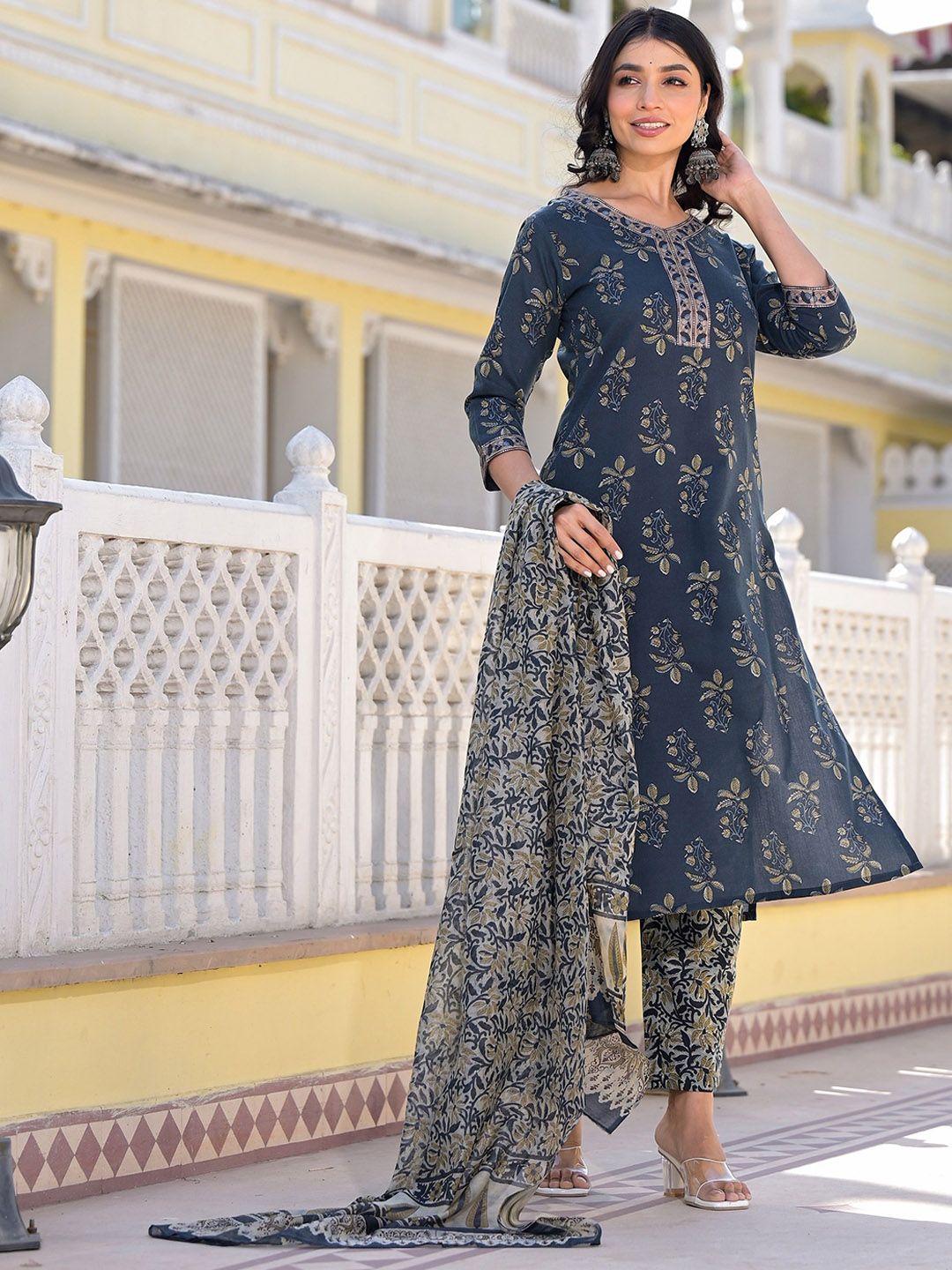 KALINI Floral Printed V Neck Straight Kurta With Trousers & Duppatta