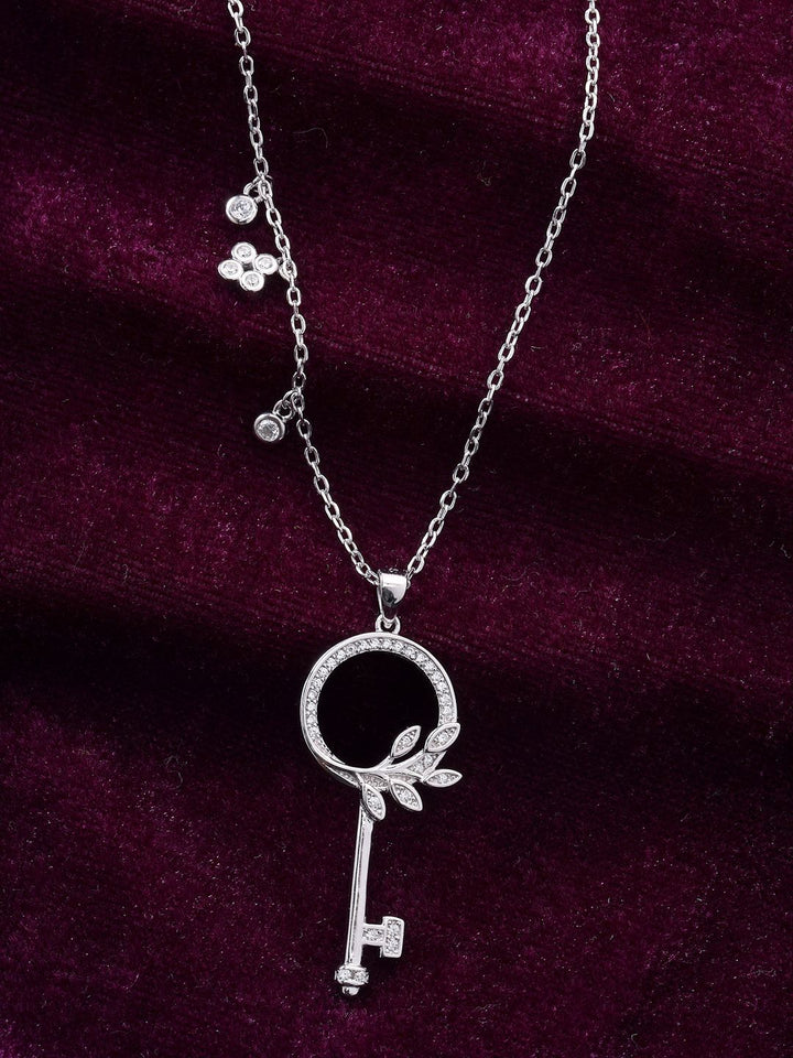 PANASH 925 Sterling Silver Rhodium-Plated CZ-Studded Key Necklace