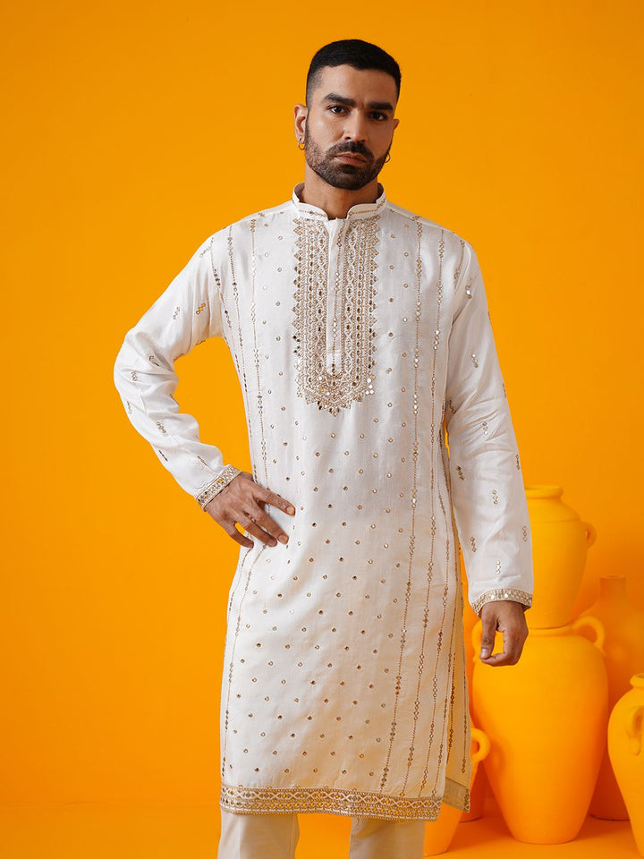 SOJANYA LUXE Geometric Embroidered Mandarin Collar Pure Silk Straight Kurta With Trouser