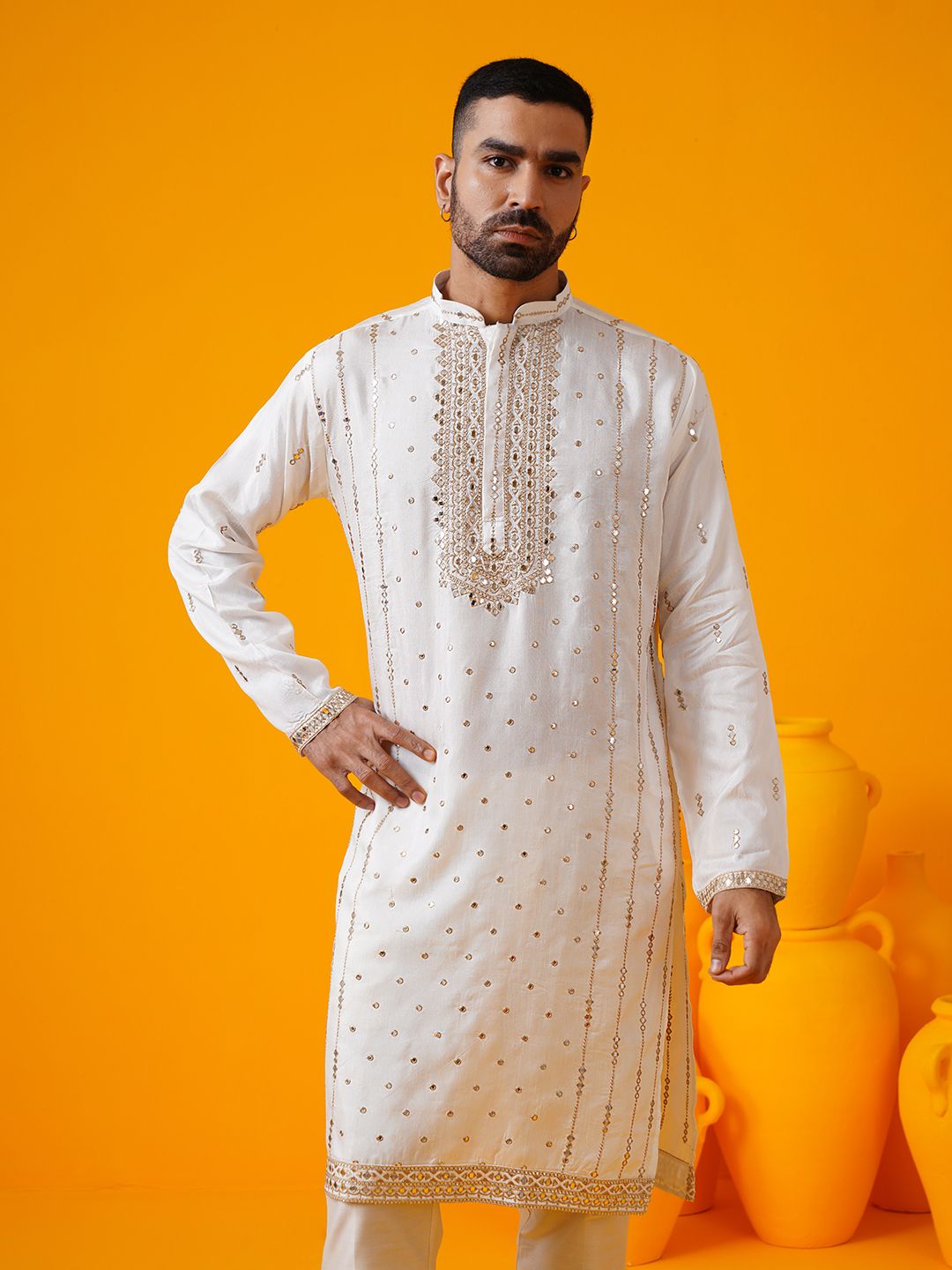 SOJANYA LUXE Geometric Embroidered Mandarin Collar Pure Silk Straight Kurta With Trouser