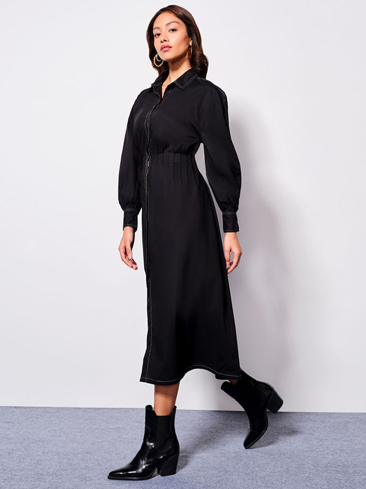 AND Pure Cotton Cuffed Sleeves Shirt Midi Dress