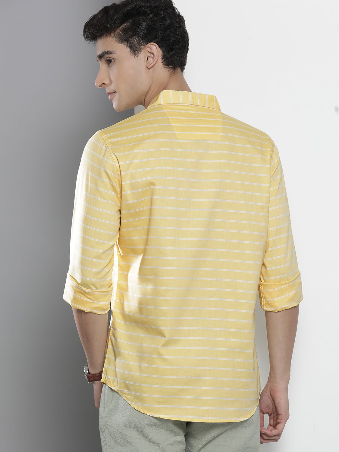 The Indian Garage Co Men Yellow Cotton Smart Slim Fit Striped Casual Shirt