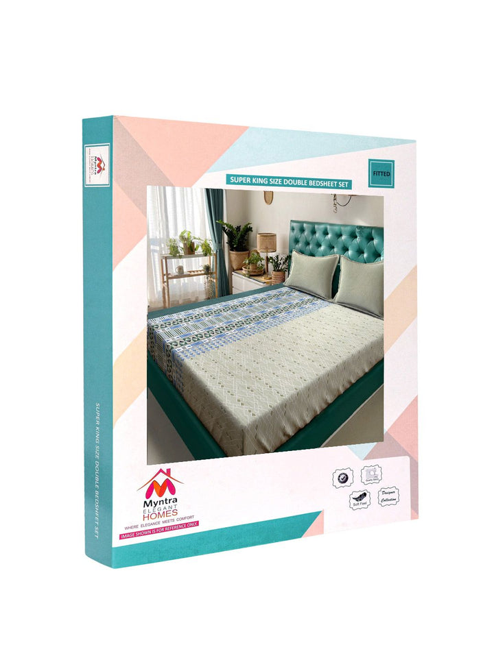 Myntra Elegant Homes Blue Geometric 400 TC Fitted Cotton King Bedsheet Set 2.70 m x 2.70 m