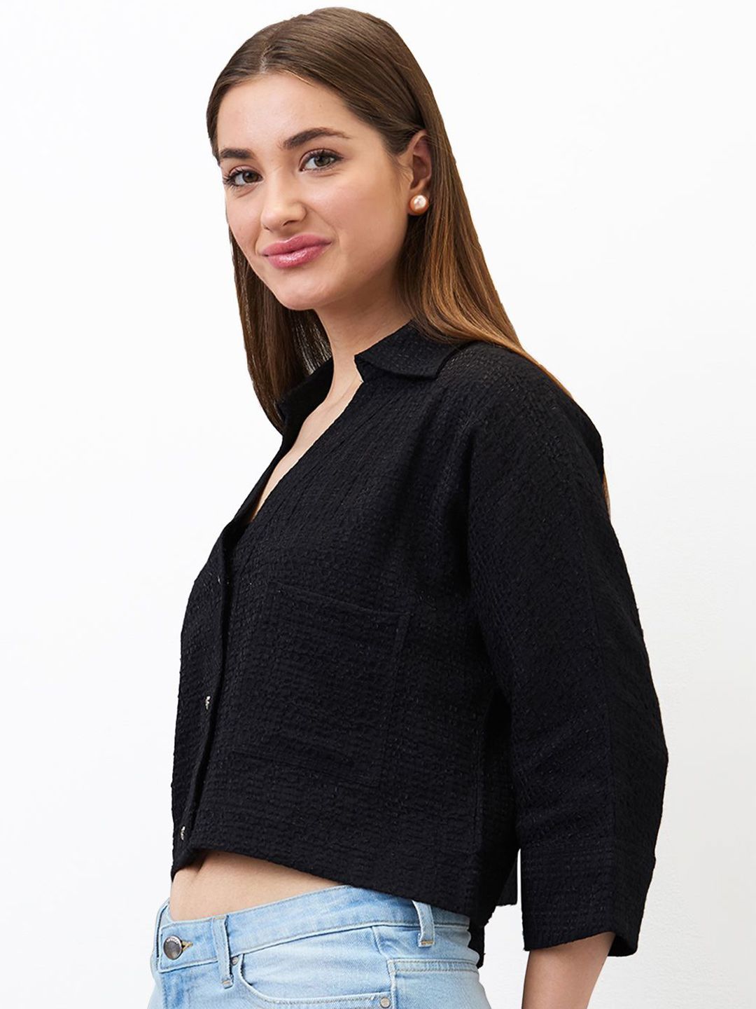SPYKAR Women Boxy Fit Spread Collar Textured Casual Shirt