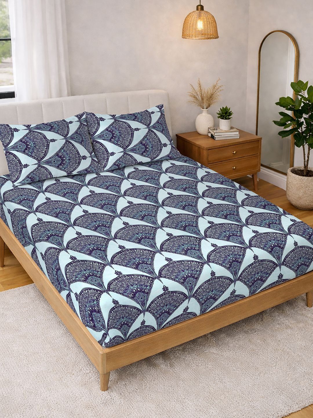 Myntra Elegant Homes Blue Geometric 300 TC Super King Double Bedsheet with 2 Pillow Covers