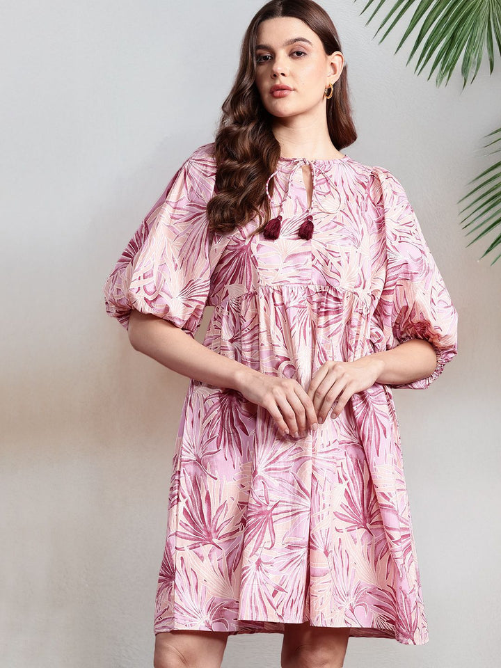 all about you Floral Print Tie-Up Neck Puff Sleeves Cotton A-Line Dress