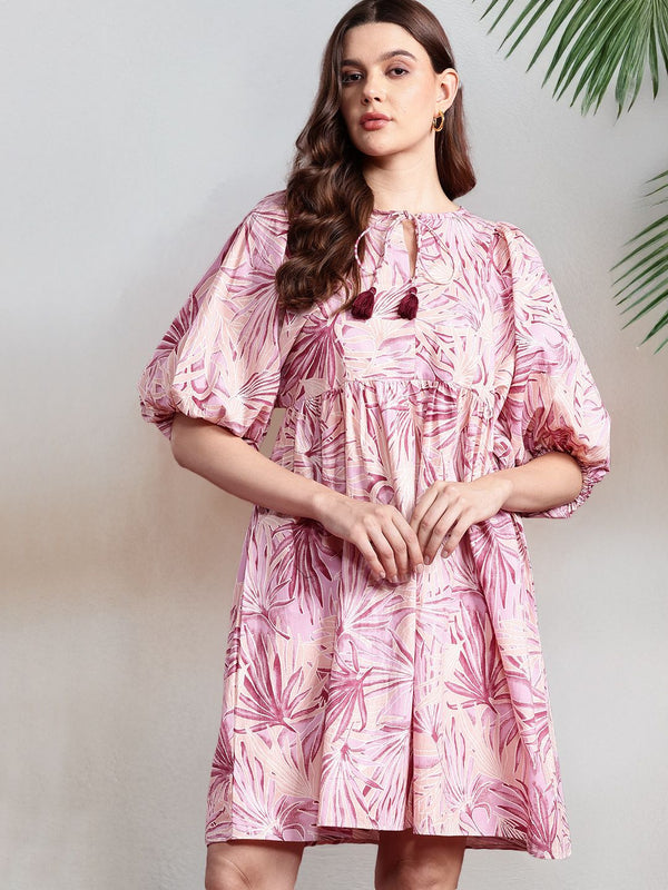 all about you Floral Print Tie-Up Neck Puff Sleeves Cotton A-Line Dress