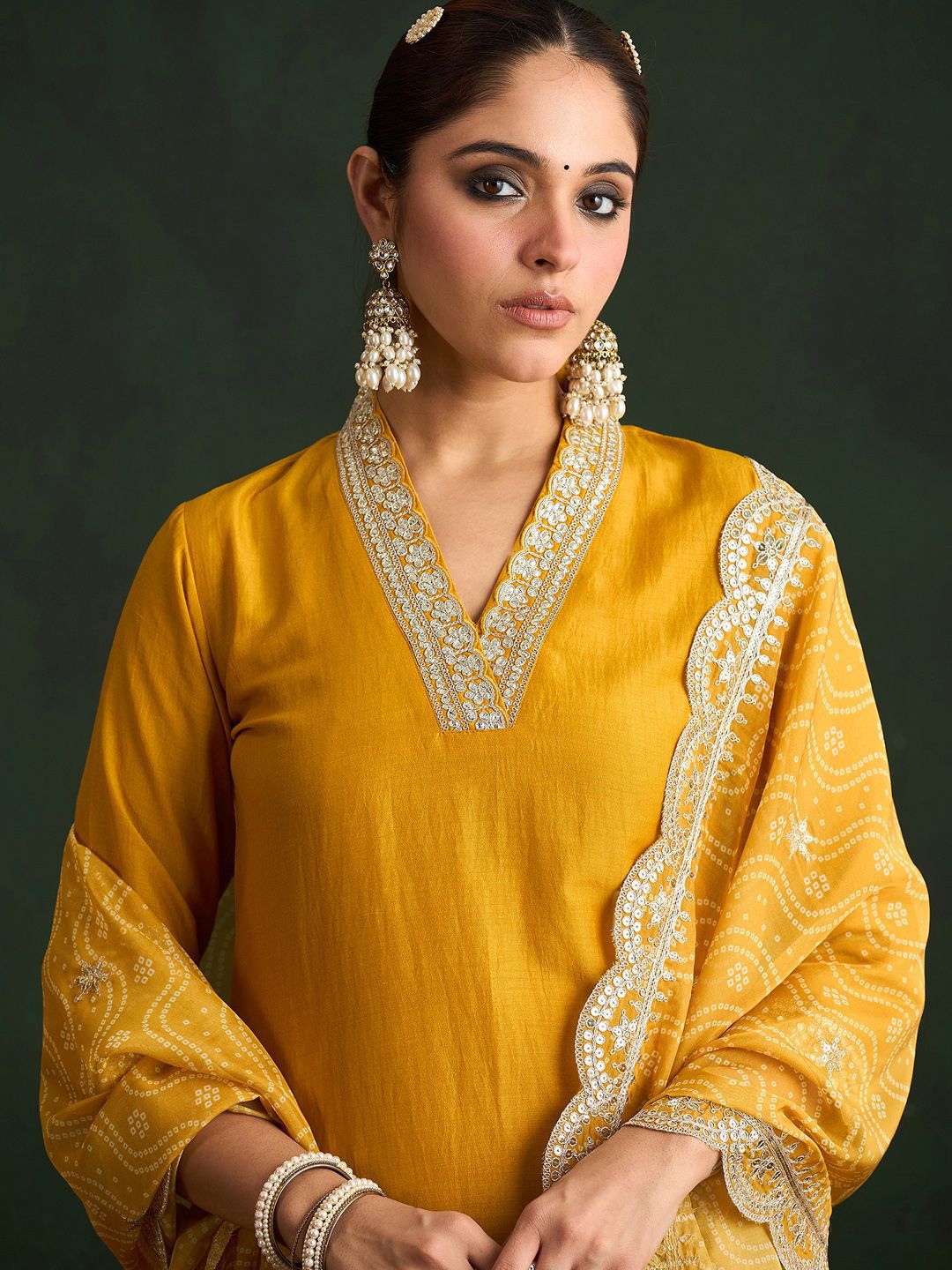 Indo Era Mustard Yellow Floral Embroidered V-Neck Straight Kurta with Trousers & Dupatta