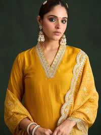 Indo Era Mustard Yellow Floral Embroidered V-Neck Straight Kurta with Trousers & Dupatta