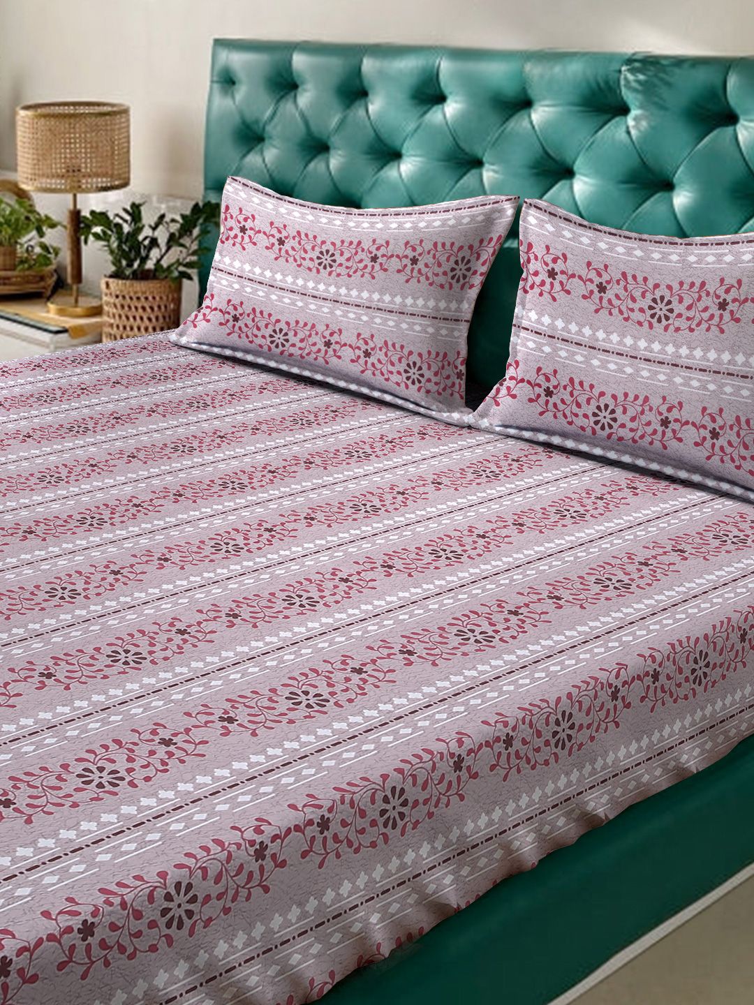 Myntra Elegant Homes Pink Floral 400 TC Fitted Cotton King Bedsheet Set 2.50 m x 2.25 m