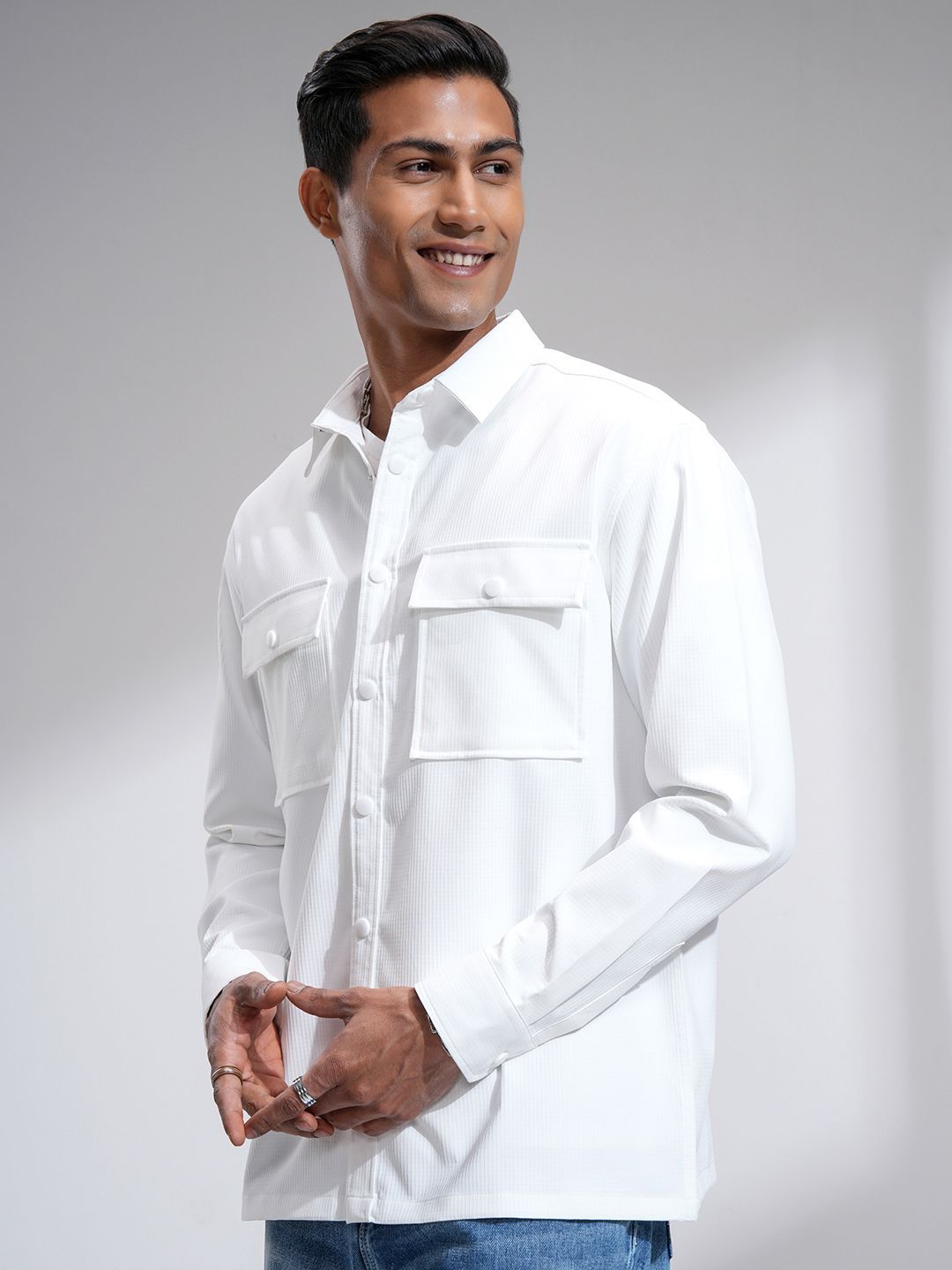Locomotive Men Popcorn Dobby Textured Utility Pocket Oversized Overshirt