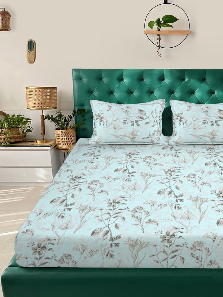 KLOTTHE Turquoise Floral Printed Fitted 300 TC King Double Bedsheet With 2 Pillow Covers