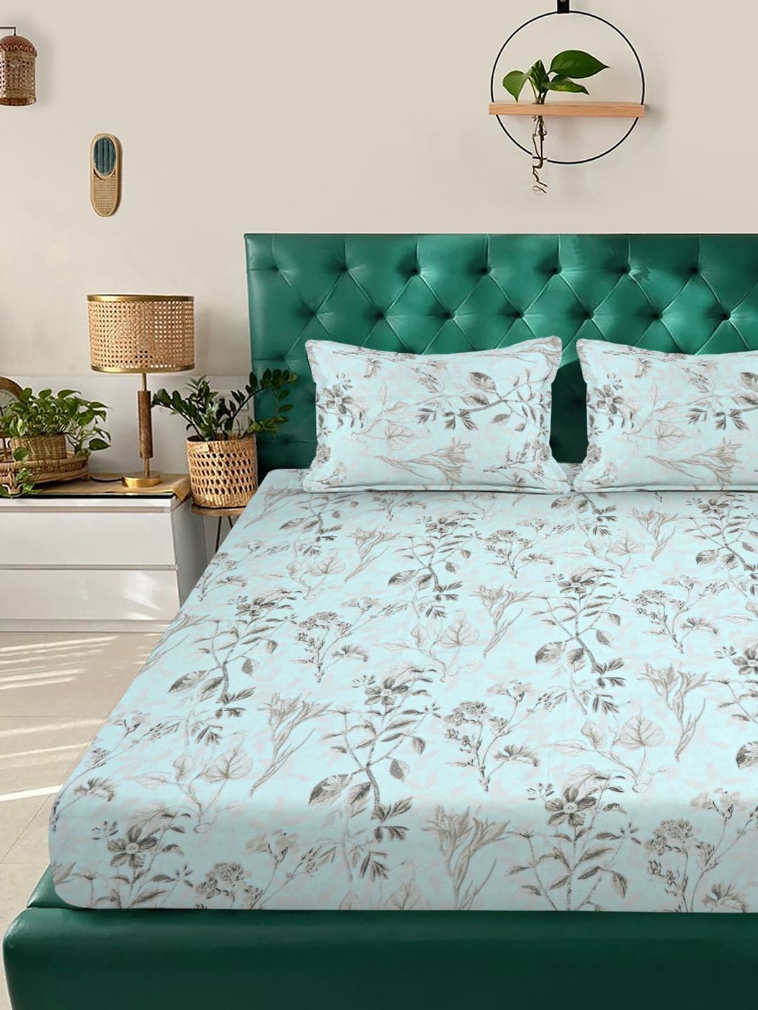 KLOTTHE Turquoise Floral Printed Fitted 300 TC King Double Bedsheet With 2 Pillow Covers