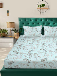 KLOTTHE Turquoise Floral Printed Fitted 300 TC King Double Bedsheet With 2 Pillow Covers