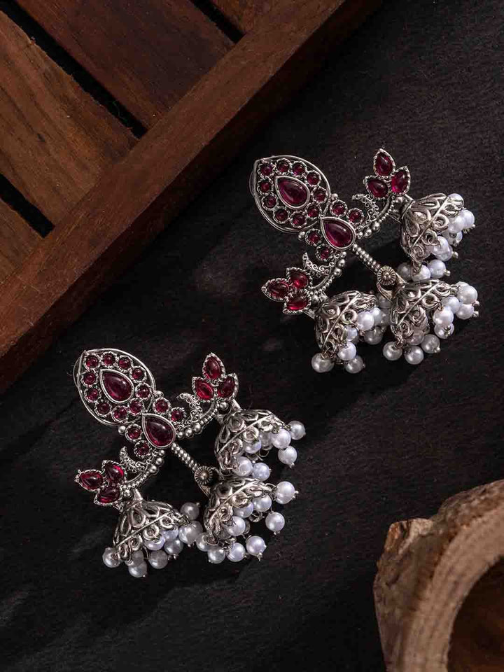 PANASH Silver Plated Stones Studded And Beaded Contemporary Oxidized Drop Earrings