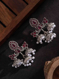 PANASH Silver Plated Stones Studded And Beaded Contemporary Oxidized Drop Earrings