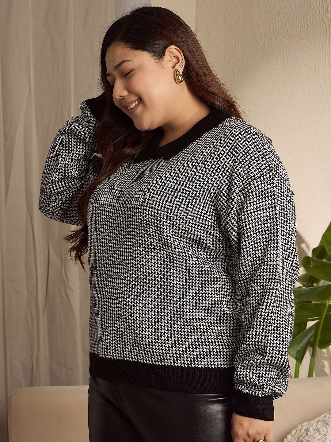 Berrylush Curve Women Printed Shirt Collar Pullover Sweater