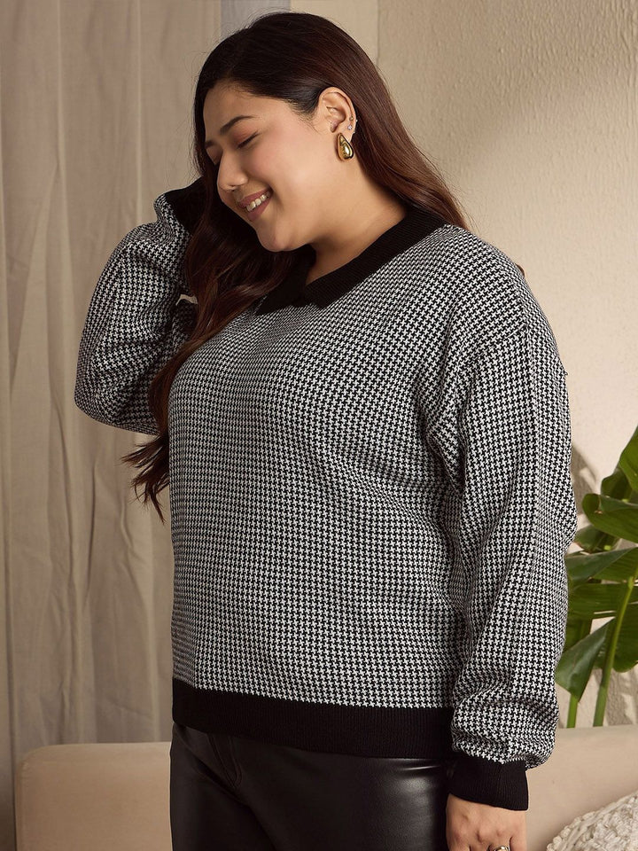 Berrylush Curve Women Printed Shirt Collar Pullover Sweater