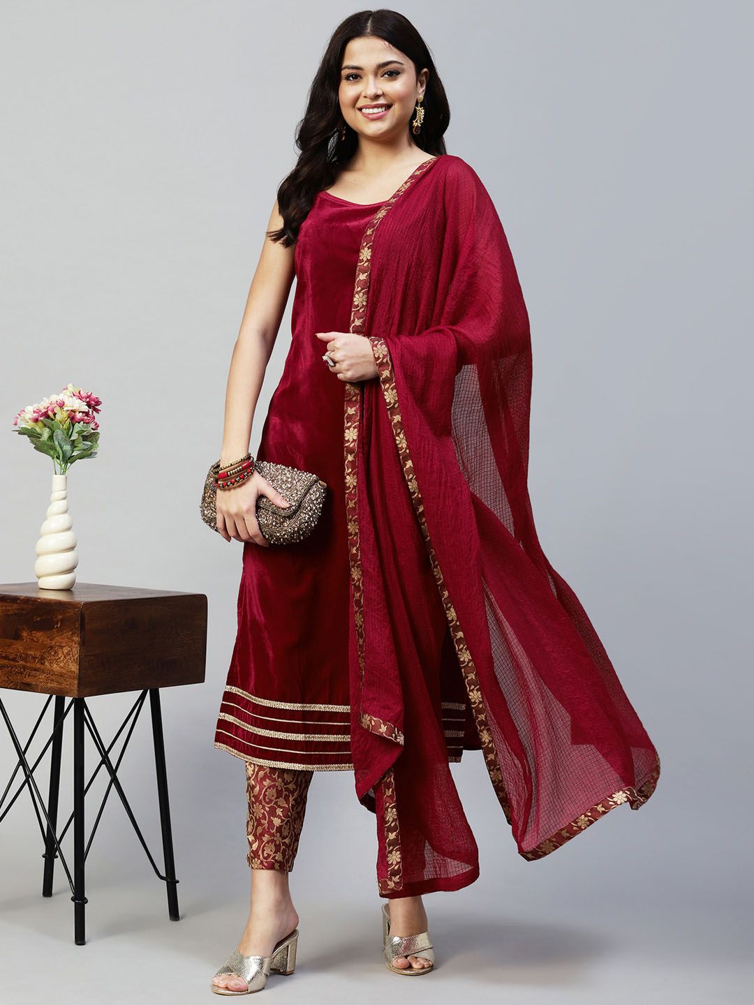 KALINI Ethnic Motifs Embroidered Velvet Straight Kurta With Trousers & Dupatta