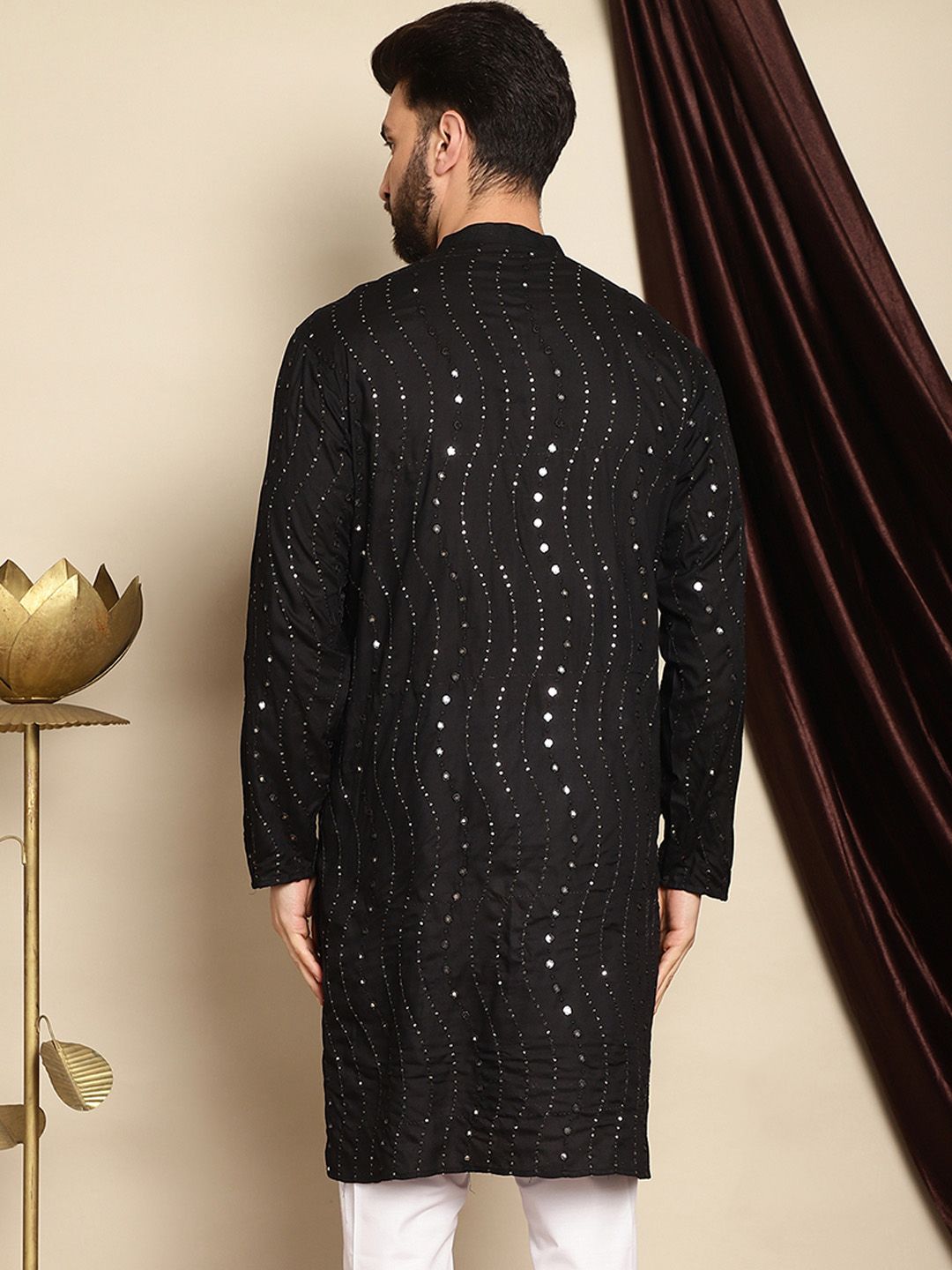 Anouk Black Embellished Mirror Work Mandarin Collar Pure Cotton Kurta