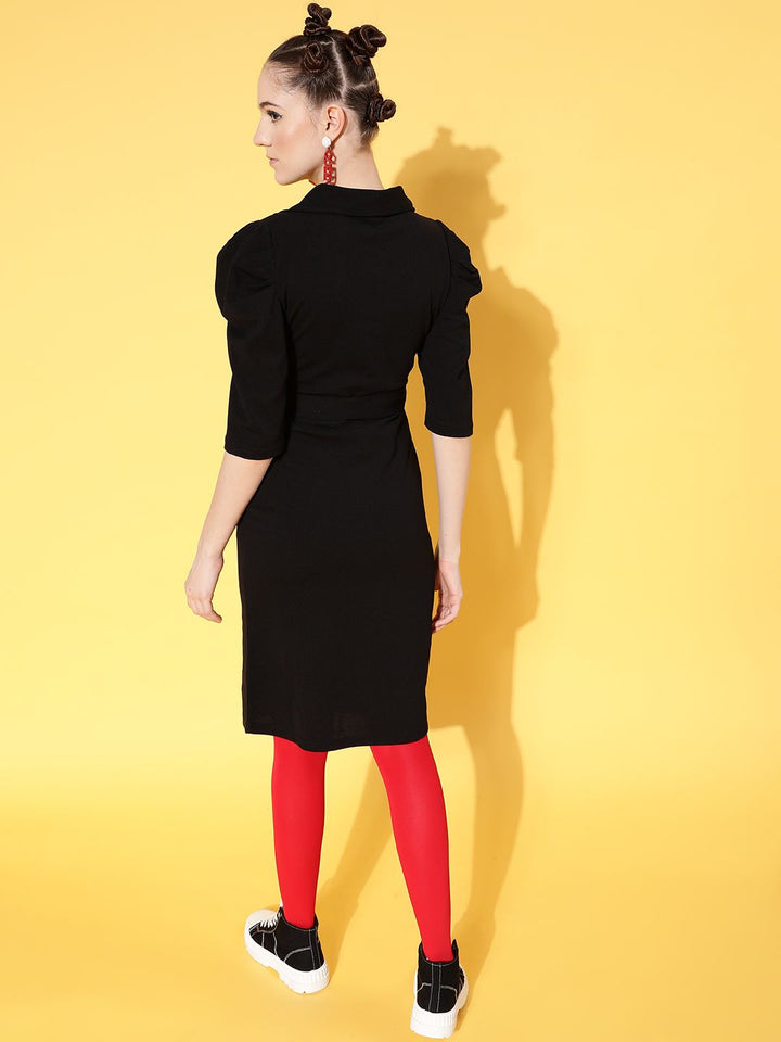 SASSAFRAS Black Solid Wrap Bodycon Dress