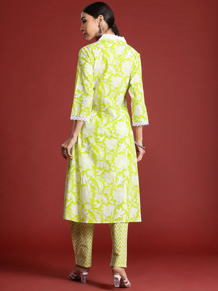 Indo Era Women Floral Printed Pleated Pure Cotton Kurta with Trousers