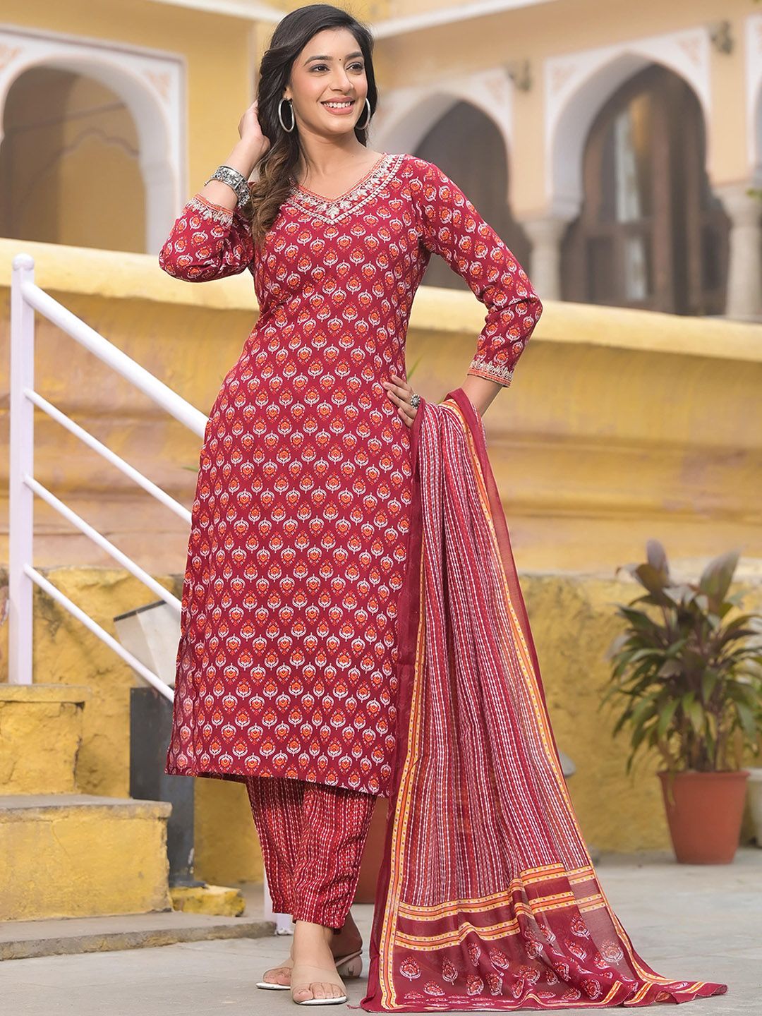 KALINI Ethnic Motifs Printed Regular Straight Kurta With Trousers & Dupatta
