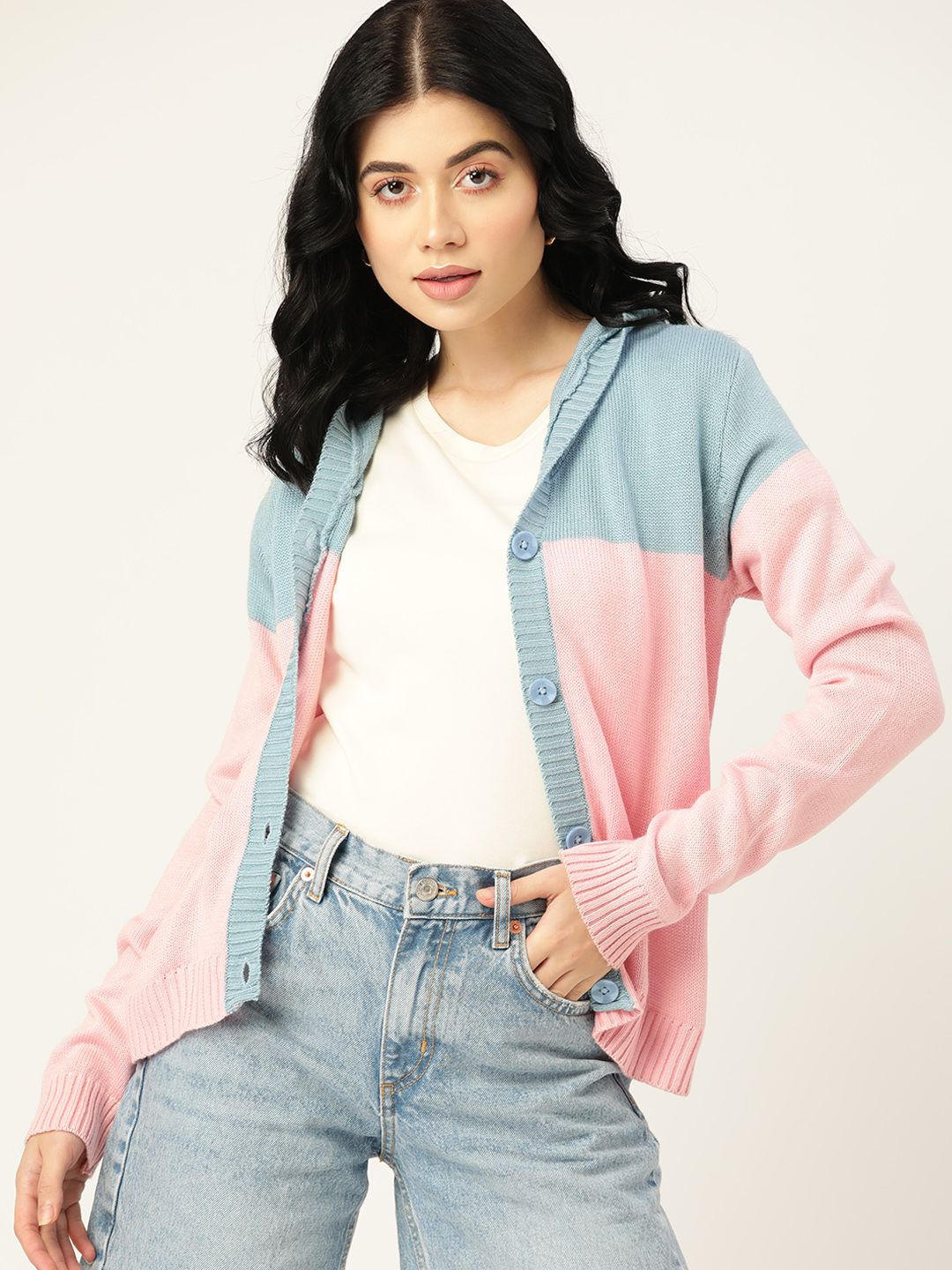 DressBerry Women Blue & Pink Pure Acrylic Colourblocked Hooded Cardigan