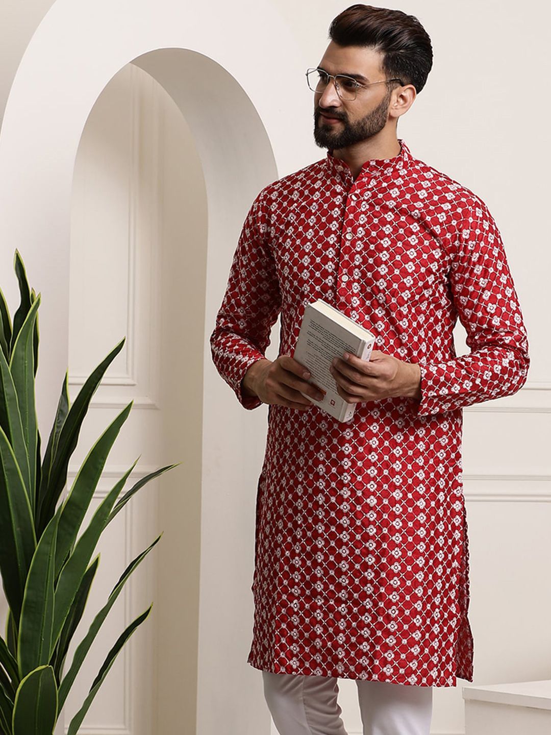 SOJANYA Self Design Thread Work Mandarin Collar Kurta