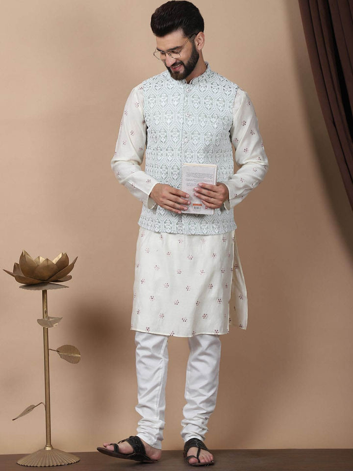 Anouk Cream-Coloured Floral Embroidered Cotton Silk Kurta with Churidar & Nehru Jacket