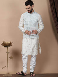 Anouk Cream-Coloured Floral Embroidered Cotton Silk Kurta with Churidar & Nehru Jacket