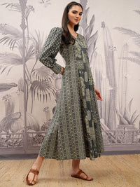 Vishudh Ethnic Motifs Printed V-Neck Puff Cuffed SleevesCotton A-Line Midi Dress