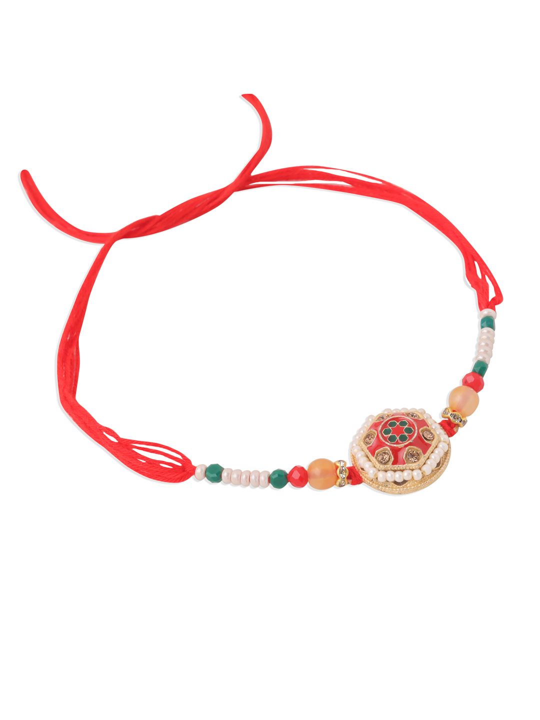 NVR Set of 2 Red Artificial Stones and Beads Bhaiya Bhabhi Rakhi with Roli Chawal