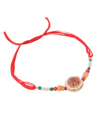 NVR Set of 2 Red Artificial Stones and Beads Bhaiya Bhabhi Rakhi with Roli Chawal