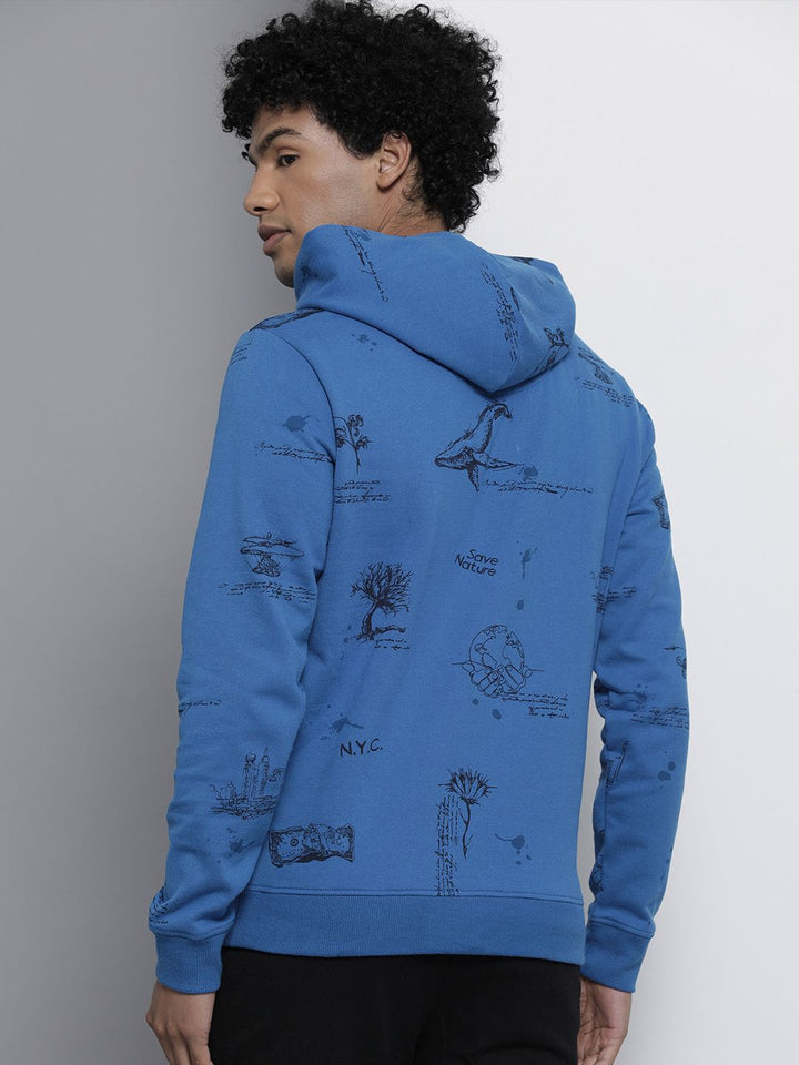 The Indian Garage Co Men Blue Printed Hooded Sweatshirt