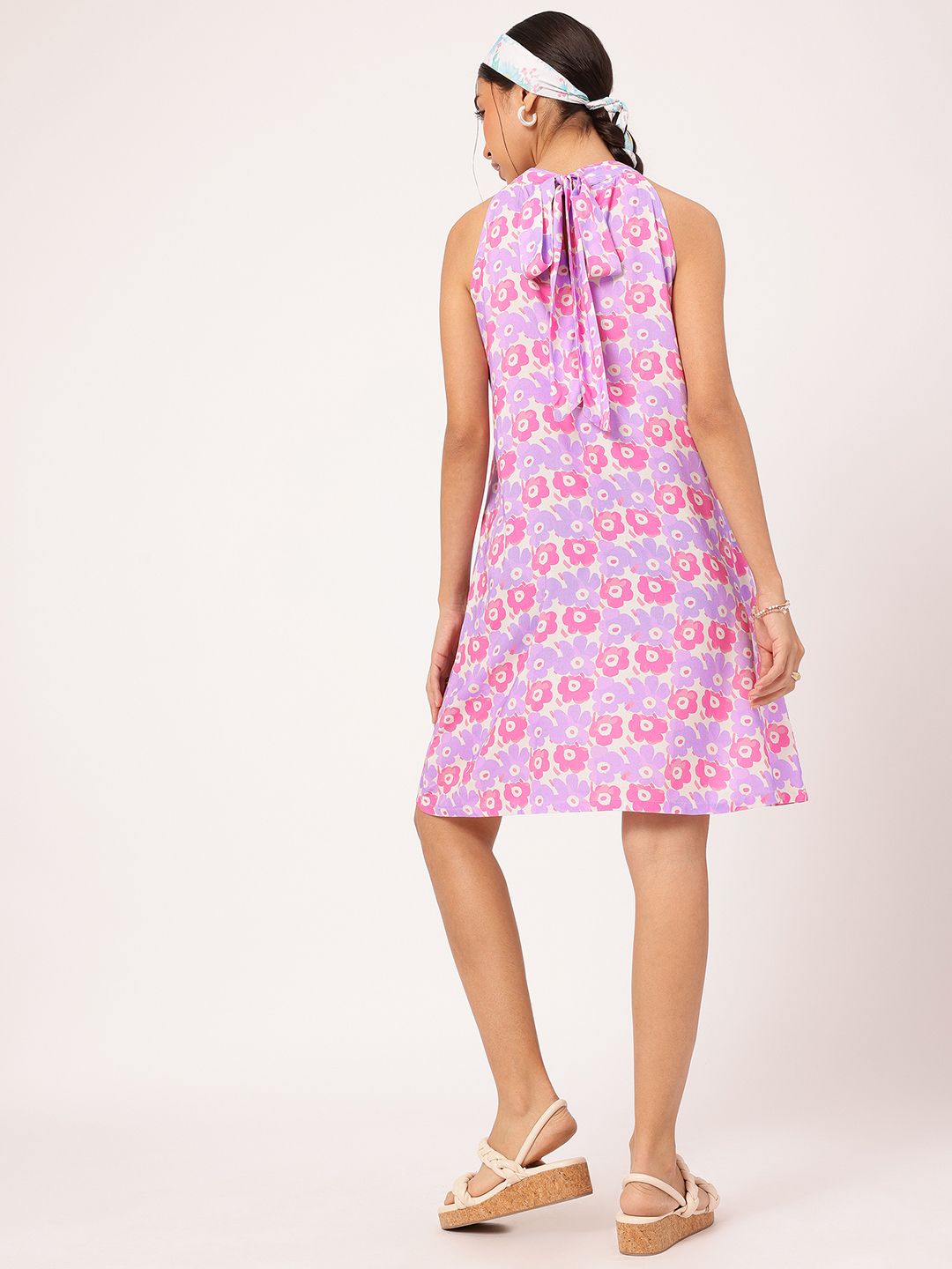DressBerry Blooming Petal-Printed Cute Fusion Halter Neck Tie Up Dress