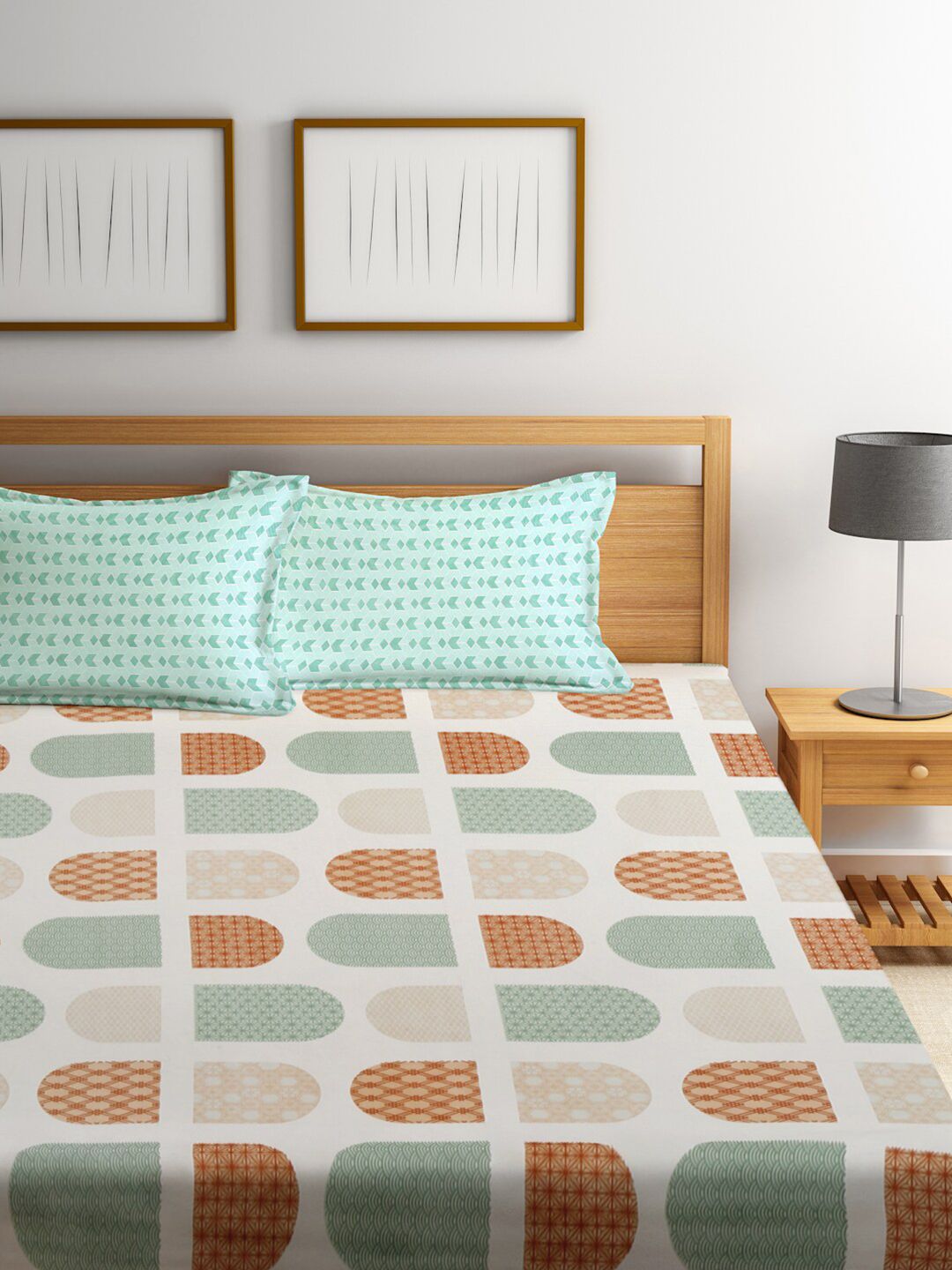 KLOTTHE CREAM & GREEN Dicetak 300TC Double King Bedsheet dengan 2 penutup bantal
