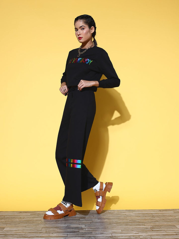 SASSAFRAS Women Classic Black Printed Sweatshirt with Solid Trousers