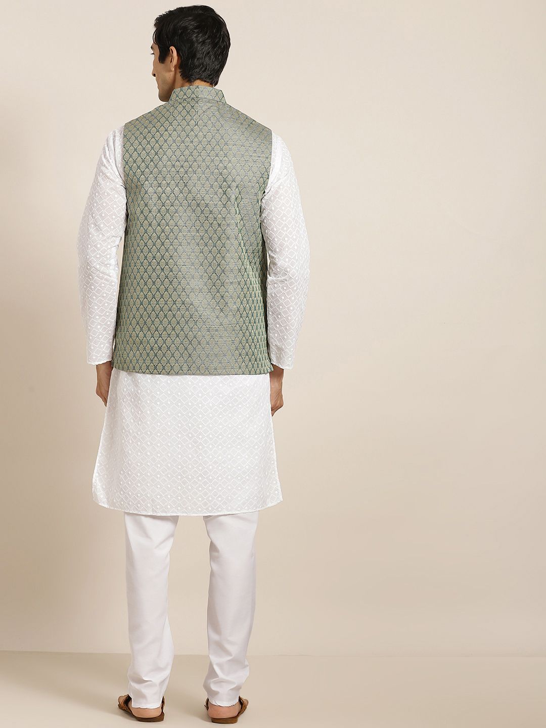 SOJANYA Men White Chikankari Pure Cotton Kurta with Churidar & Nehru Jacket