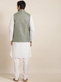 SOJANYA Men White Chikankari Pure Cotton Kurta with Churidar & Nehru Jacket