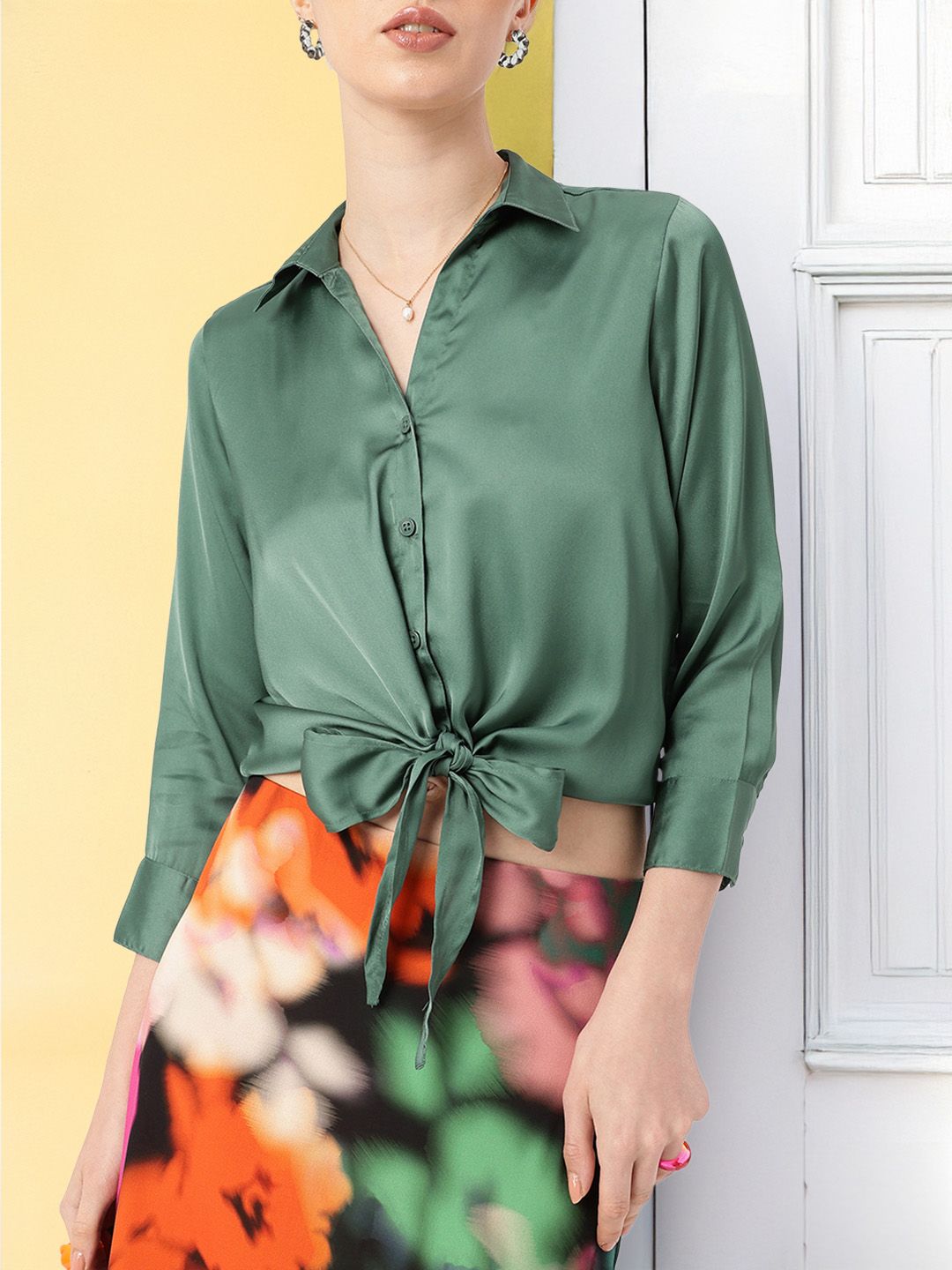 DressBerry Minimalistic Elegance Waist-Tied Satin Shirt