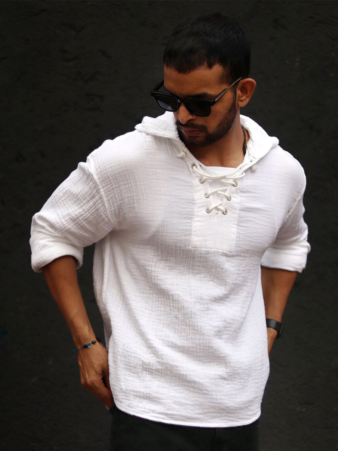 Powerlook Textured Hooded Tie-Ups Detail Indian Slim Oversize Pure Cotton Casual Shirt
