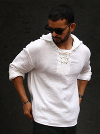 Powerlook Textured Hooded Tie-Ups Detail Indian Slim Oversize Pure Cotton Casual Shirt