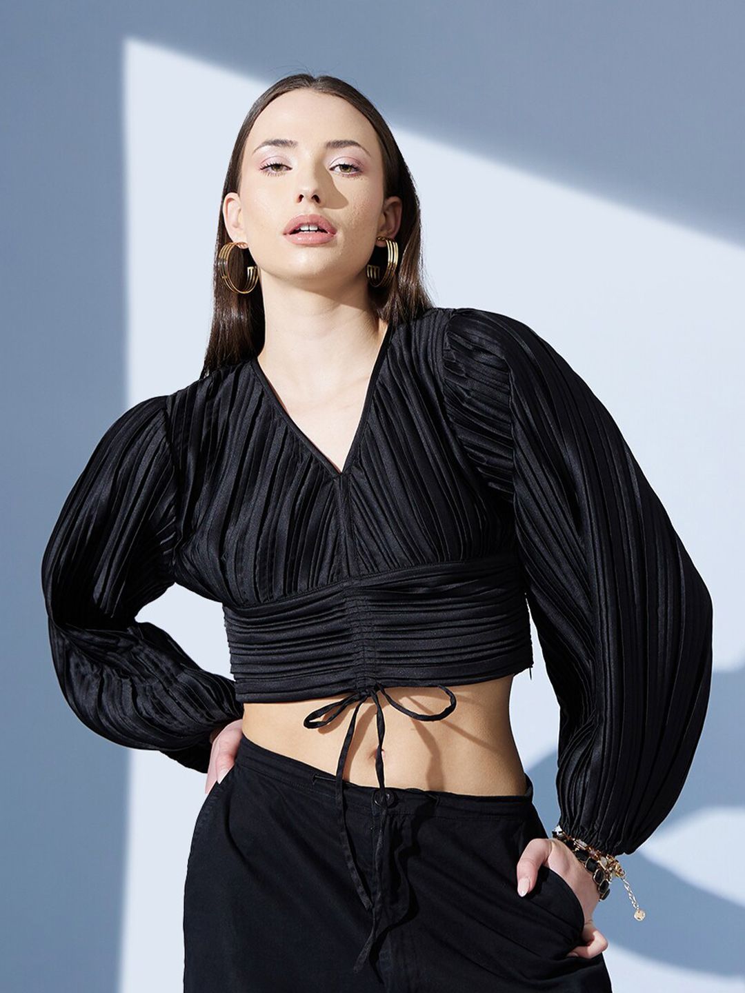 STREET 9 Black Bishop Sleeves Accordion Pleats Crop Top