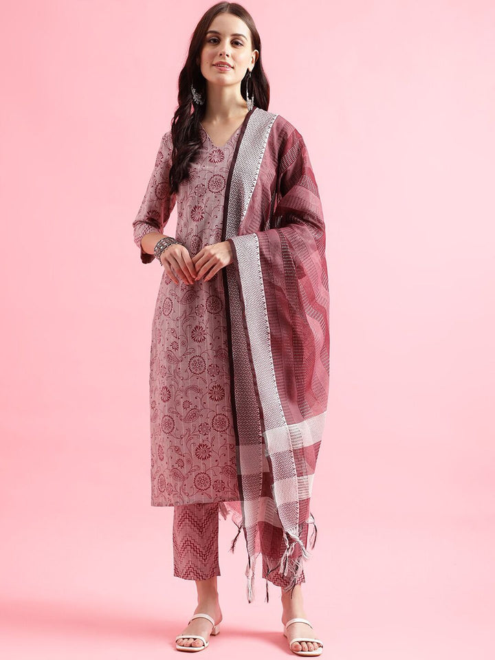 KALINI Floral Printed Regular Straight Kurta With Trousers & Dupatta