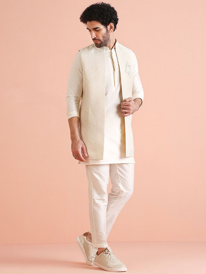 KISAH Men Zari Regular Fit Woven Design Kurta Nehru Jacket Trouser Set