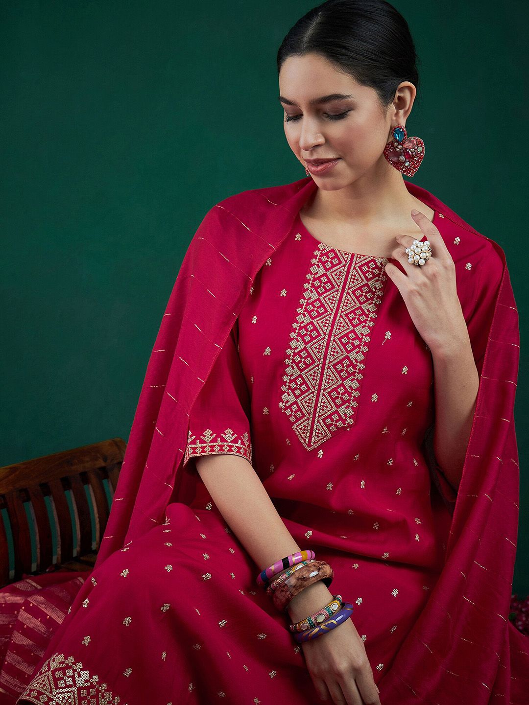 Indo Era Embroidered Sequinned Chanderi Silk Straight Kurta With Trousers & Dupatta