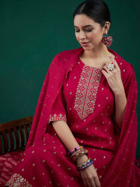 Indo Era Embroidered Sequinned Chanderi Silk Straight Kurta With Trousers & Dupatta