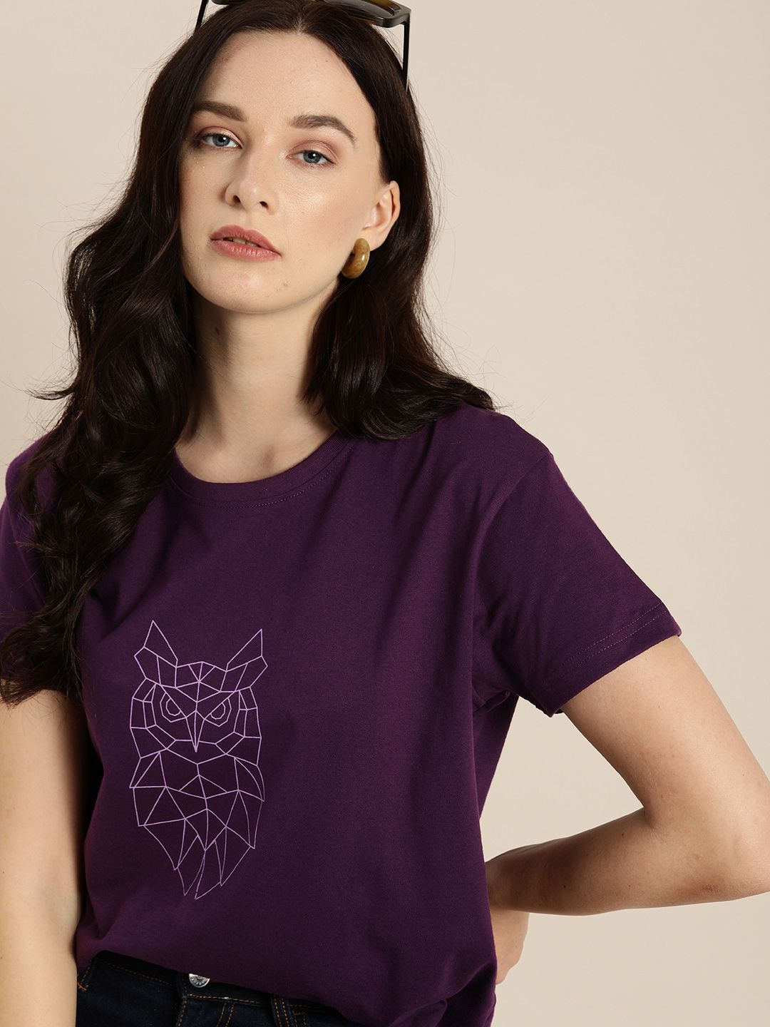 DILLINGER Women Purple Printed Round Neck Pure Cotton Boxy Regular Pure Cotton T-shirt